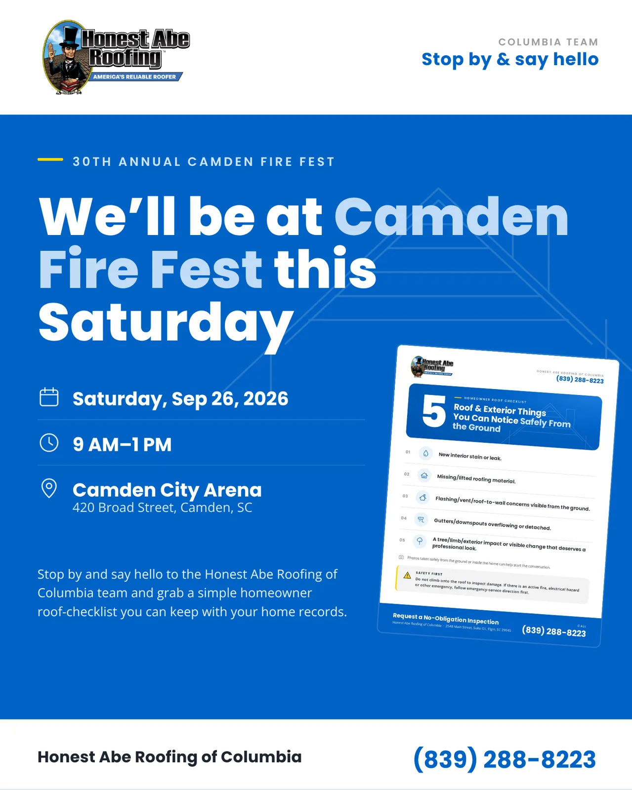 Social graphic announcing Honest Abe Roofing at Camden Fire Fest