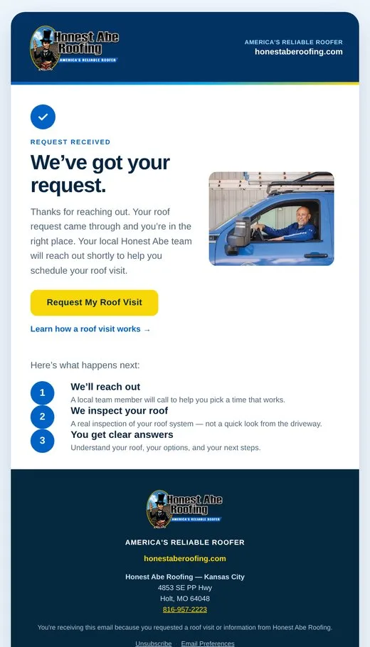 Email 1: request confirmation with a three-step what-happens-next list and a Request My Roof Visit button