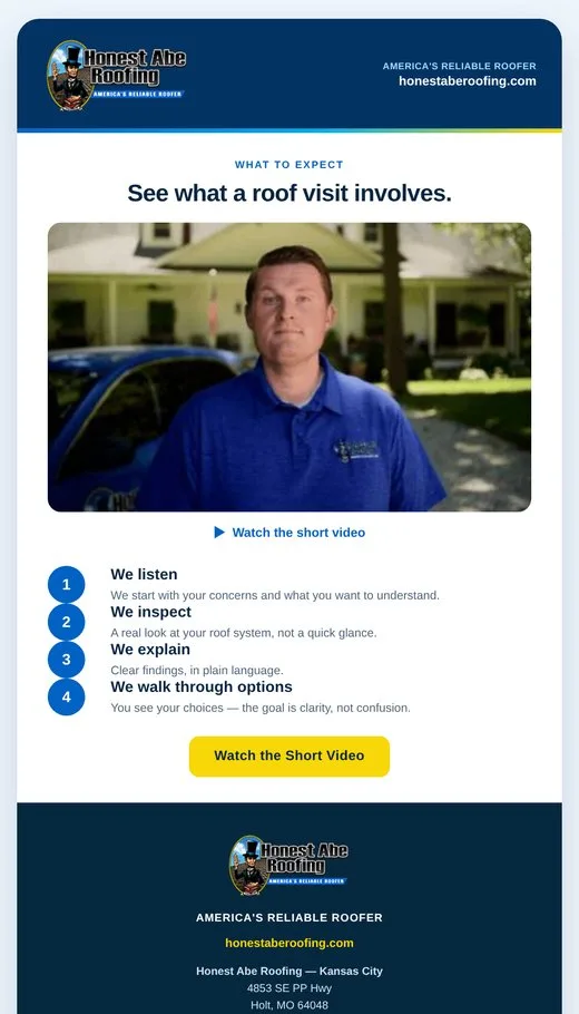Email 4: a short video about what to expect from a roof visit, with a four-step outline