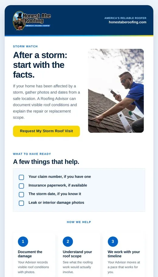 Email 12: after-a-storm checklist with a Request My Storm Roof Visit button