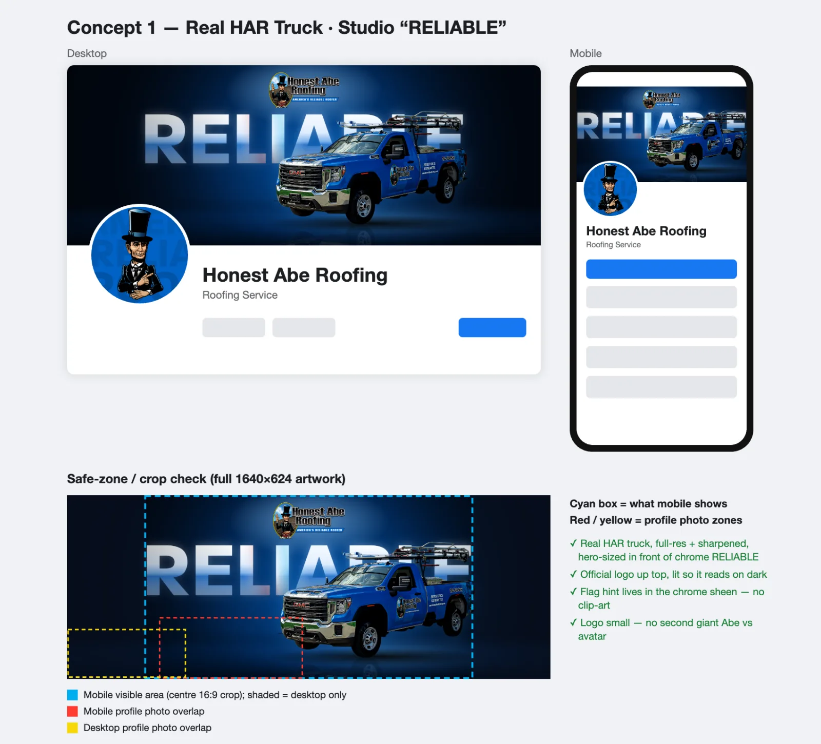 Concept 1 presentation with desktop and mobile previews and a safe-zone crop check