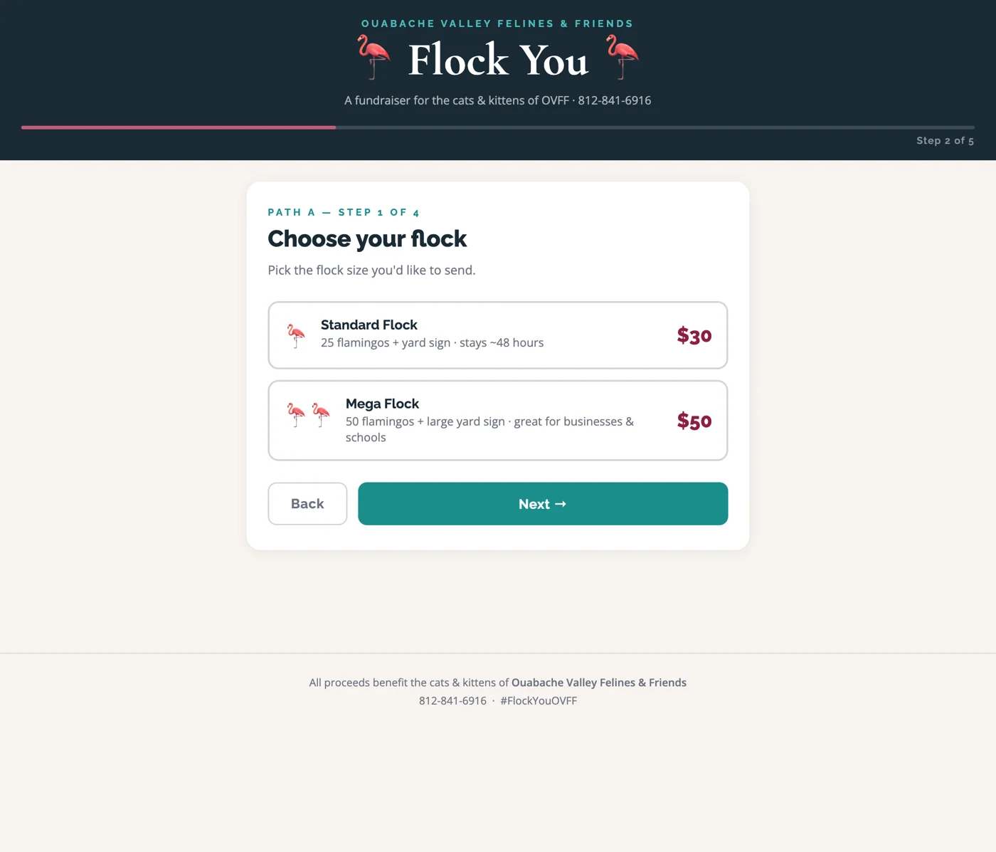 Order form step 1: choose a Standard or Mega flock
