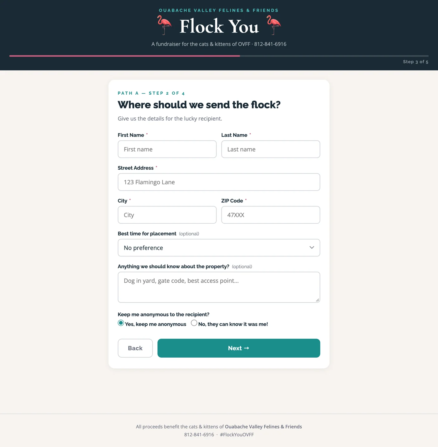 Order form step 2: where to send the flock