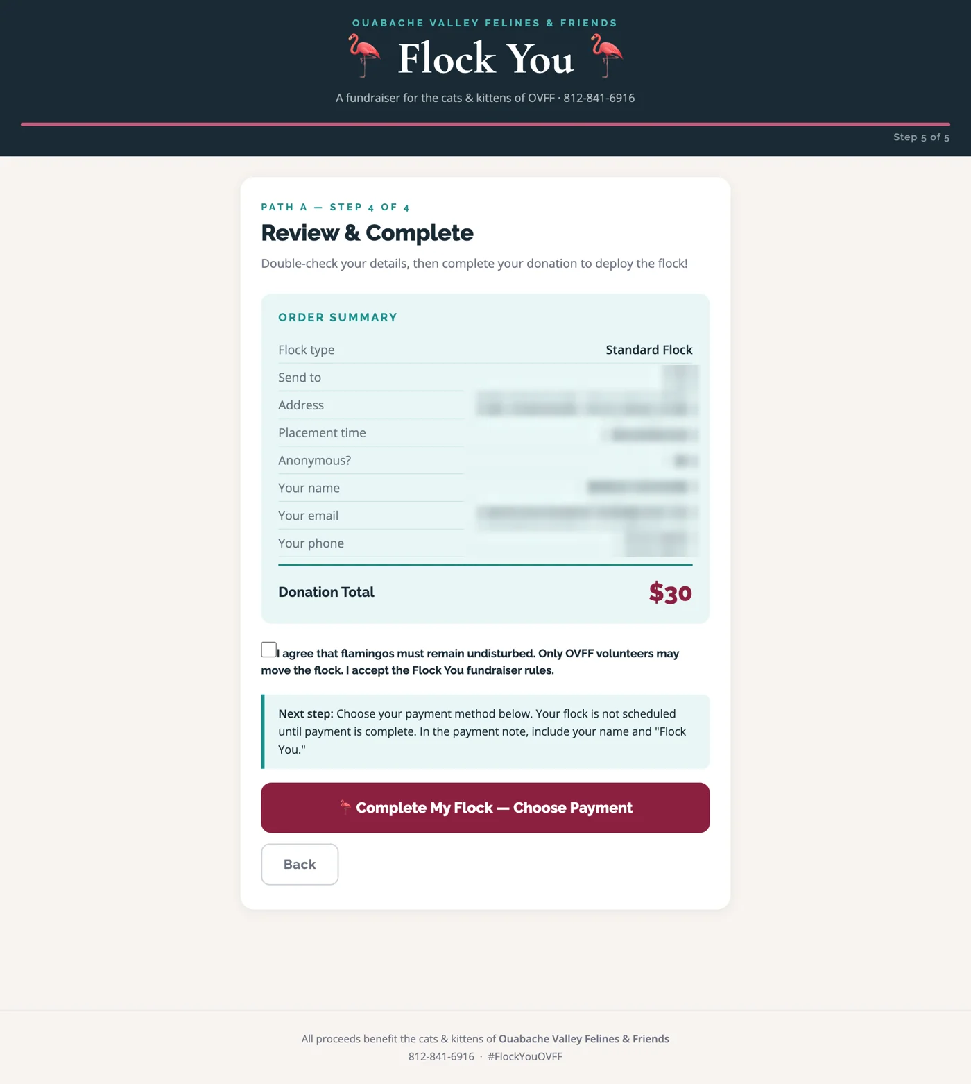 Order form step 4: review and complete, with an order summary and donation total