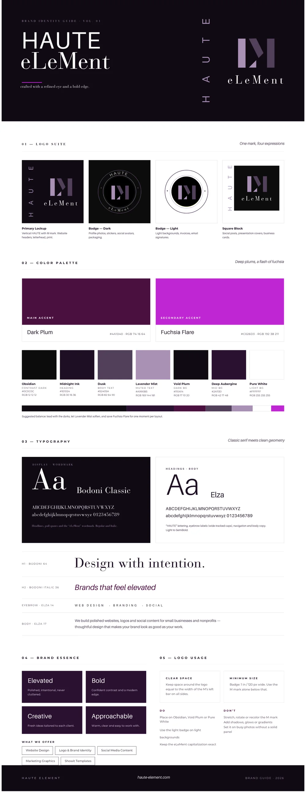 Haute eLeMent brand identity guide: logo suite, color palette, typography and brand essence