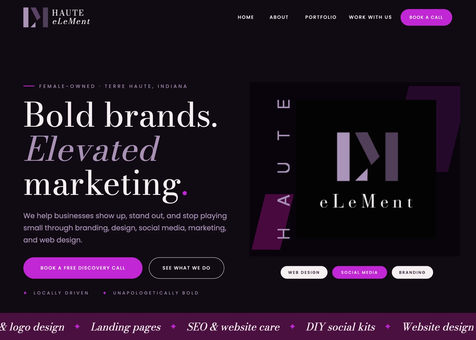 Haute eLeMent website on desktop: Bold brands. Elevated marketing. with Book a Free Discovery Call button