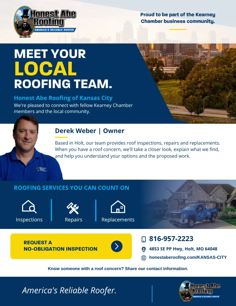 Meet your local roofing team flyer for the Kearney Chamber of Commerce