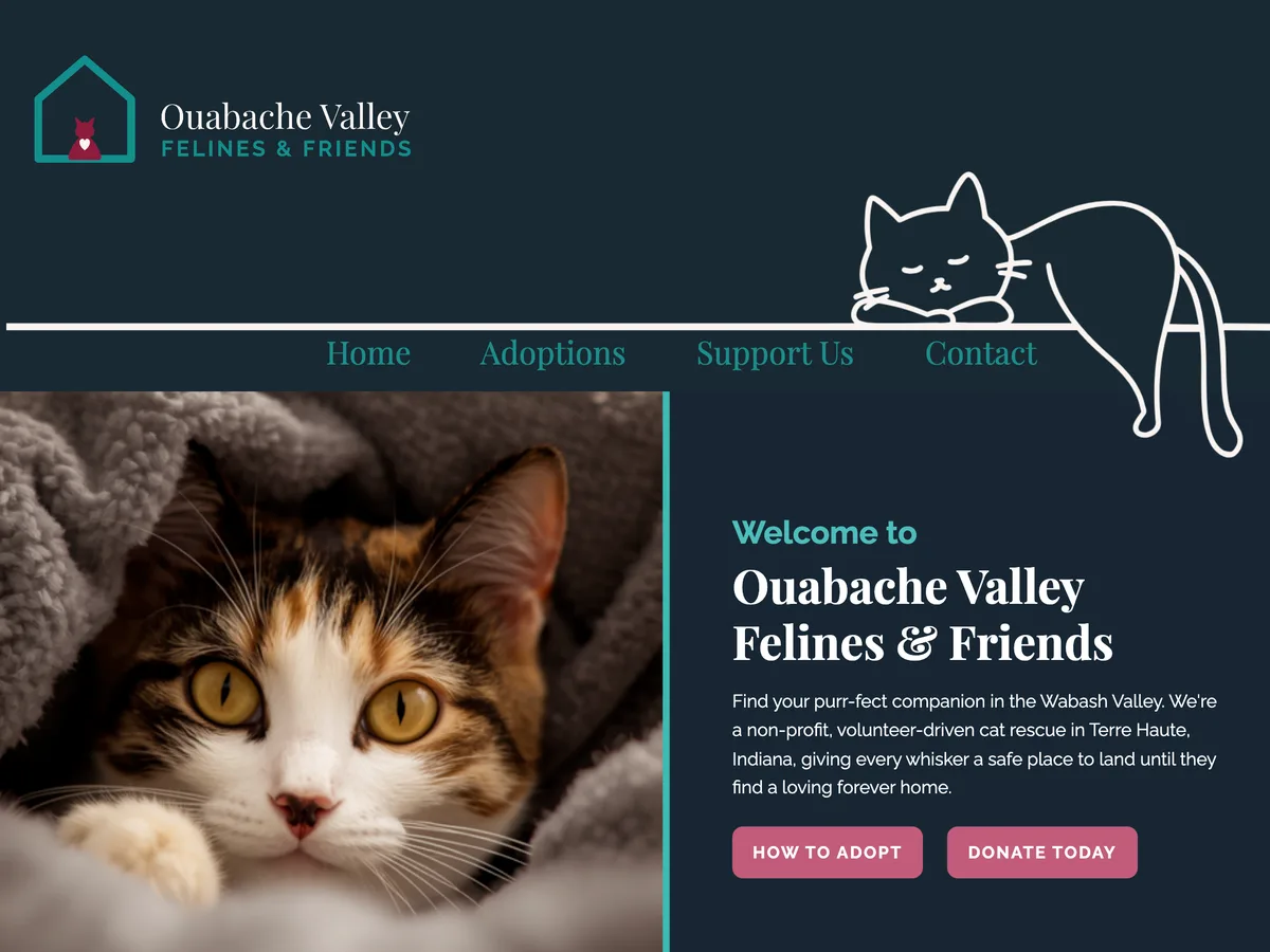 New OVFF homepage: a welcome headline beside a cat photo, with How to Adopt and Donate Today buttons
