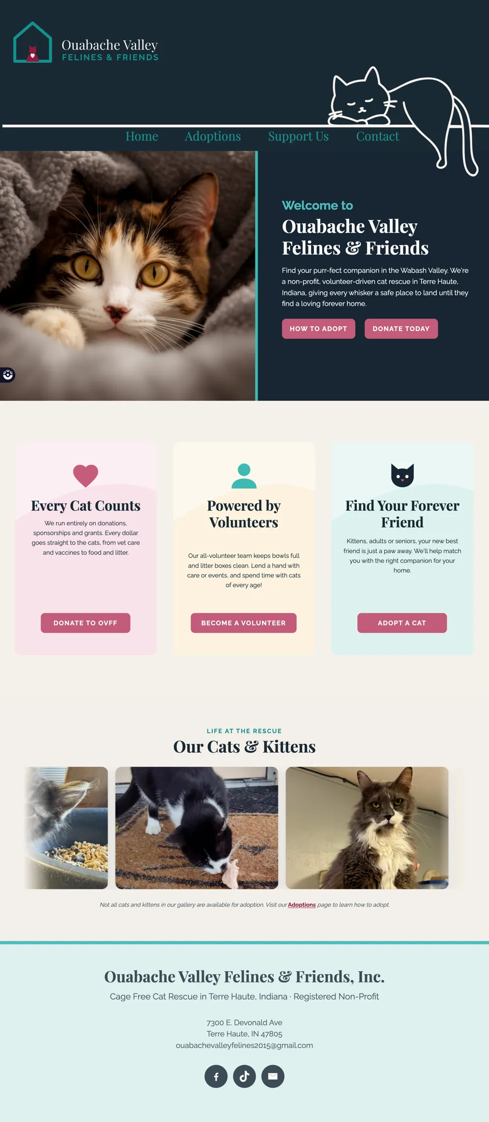 The full new OVFF homepage: welcome section, three cards for donating, volunteering and adopting, a cat photo gallery and a footer