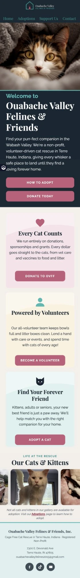 New OVFF site on a phone: stacked sections and full-width How to Adopt and Donate Today buttons