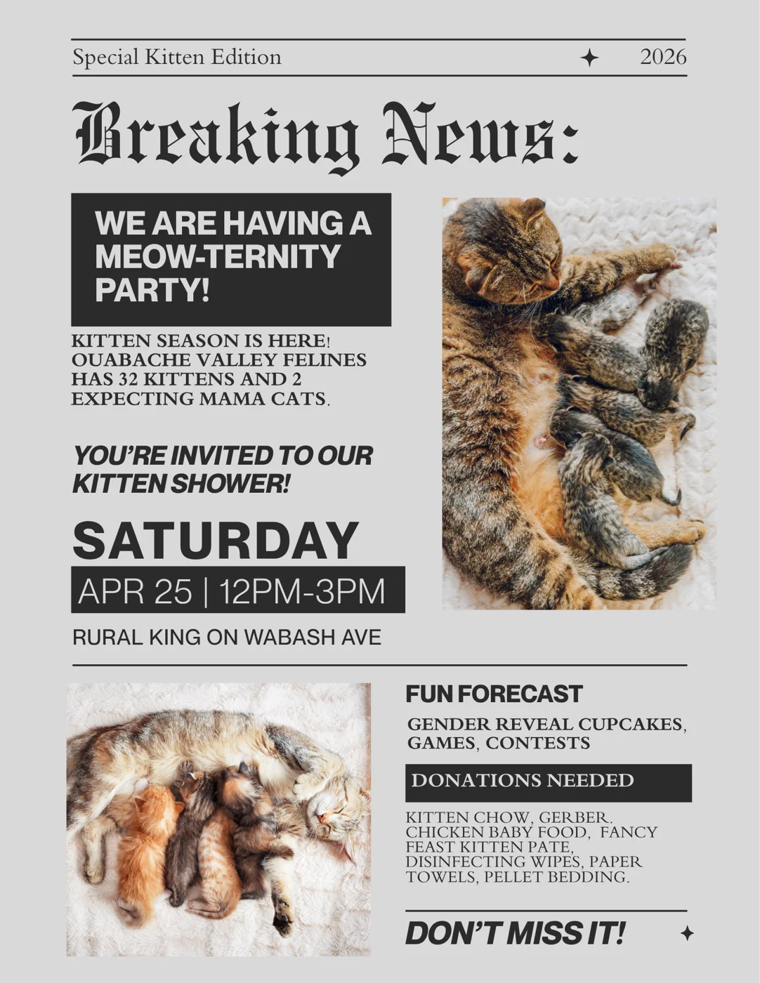 Kitten Shower flyer styled as a Breaking News newspaper, Saturday April 25 at Rural King