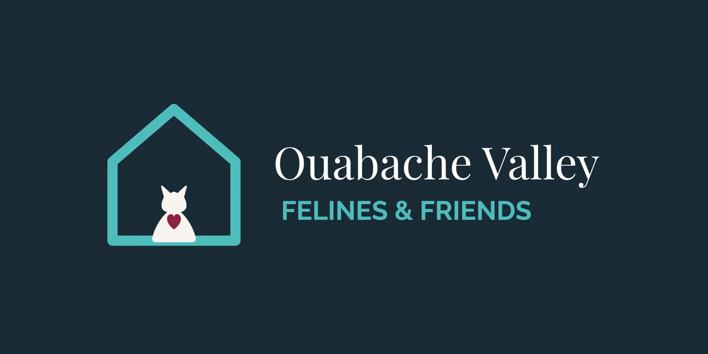 New OVFF logo: a cat inside a simple house outline beside the Ouabache Valley Felines and Friends wordmark