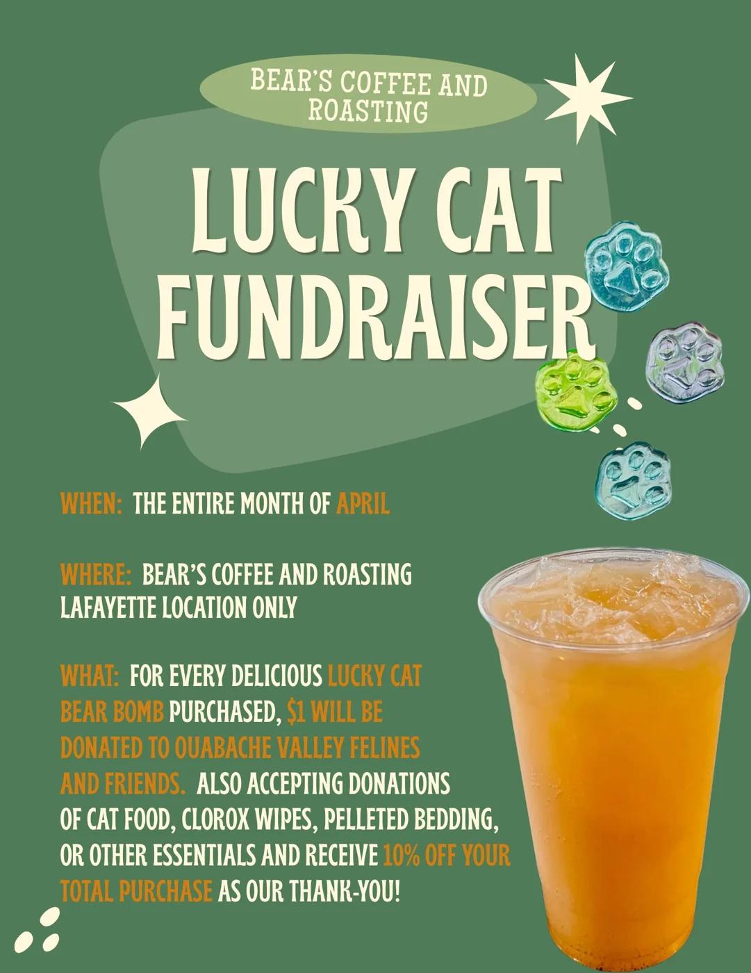 Lucky Cat Fundraiser flyer for Bear's Coffee and Roasting
