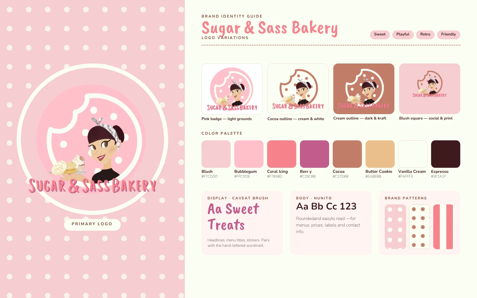 Sugar and Sass brand guide: logo variations, color palette, typefaces and patterns