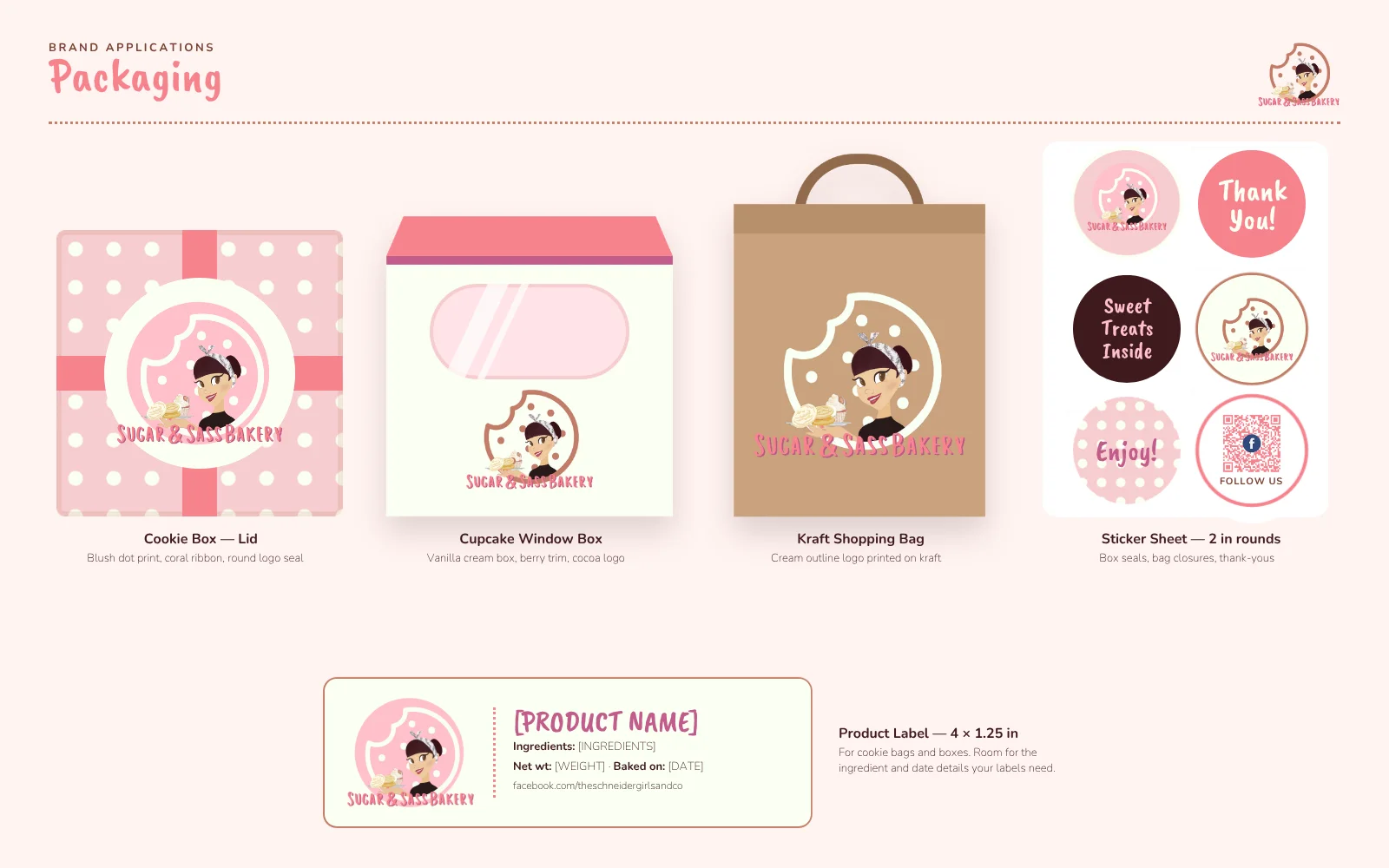 Sugar and Sass packaging: cookie box, cupcake box, kraft bag, stickers and product label
