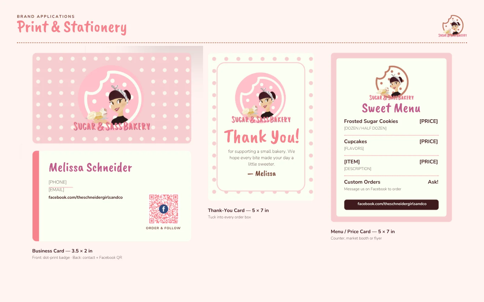 Sugar and Sass print pieces: business card, thank-you card and menu card