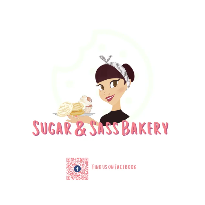 Sugar and Sass Bakery logo with a Facebook QR code