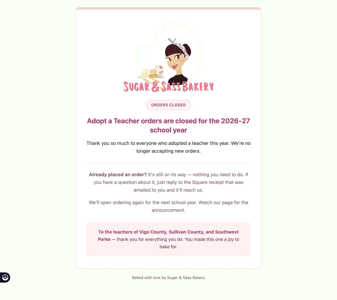 Adopt a Teacher orders closed page thanking customers and teachers