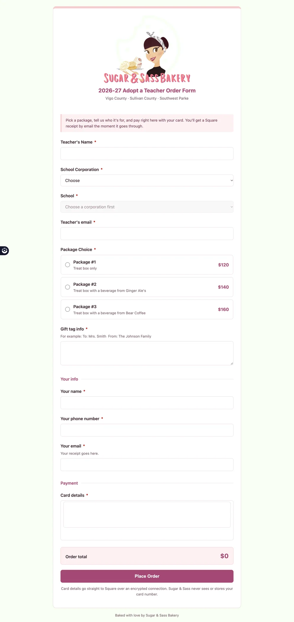 Adopt a Teacher order form with teacher, school, package choice, gift tag, contact details and card payment