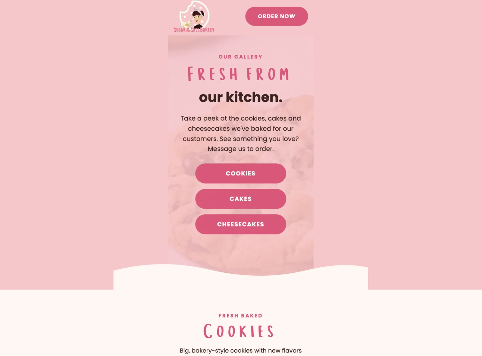 Sugar and Sass website on desktop: Fresh from our kitchen gallery with Cookies, Cakes and Cheesecakes buttons